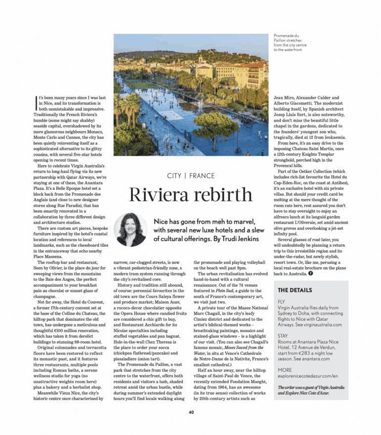 Publication d'un article sur Nice dans The Traveller - Sun Herald Australie Juillet 2025)