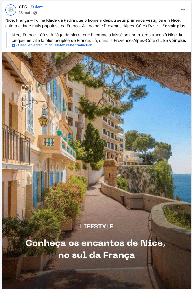 Post sur Nice sur la page Facebook de GPS Brasilia, parue en mai 2025
